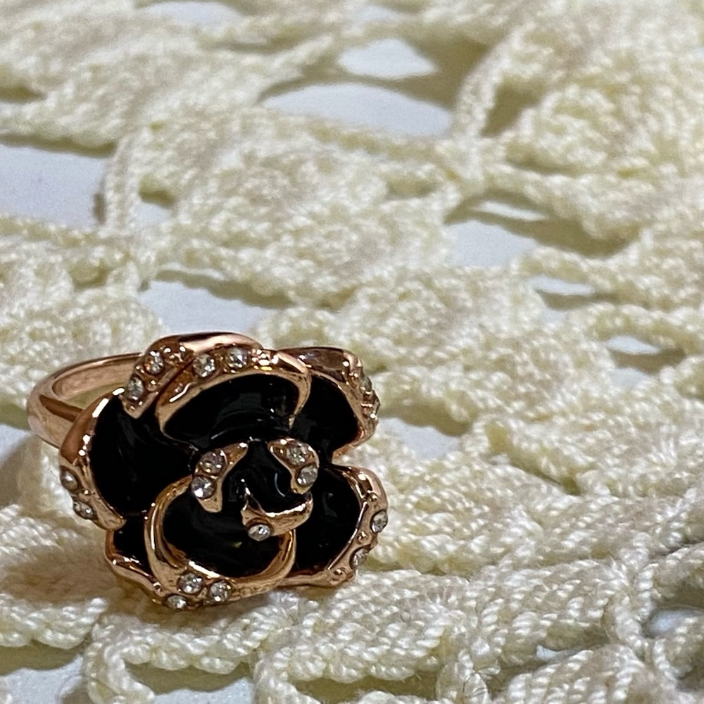 ROXI brand new black rose gold ring with filled zircons